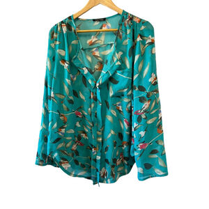 DEPRI Teal Bird Print Semi Sheer Long Sleeve Lightweight Blouse L